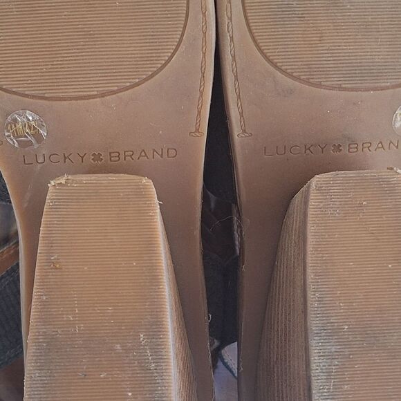 Lucky Brand Labradite Wedge Stack Heel Sandals Black Leather Snake Texture sz 11 - Picture 14 of 16